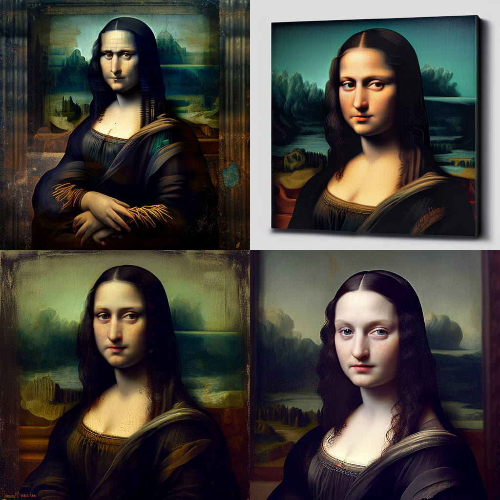 Four variants of the Mona Lisa, all markedly worse than the original, but all very recognizable.