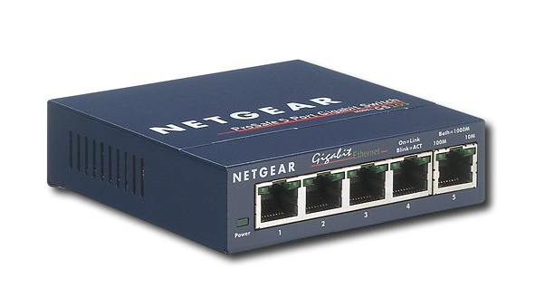 A picture of a Netgear 1Gb Ethernet Switch. 