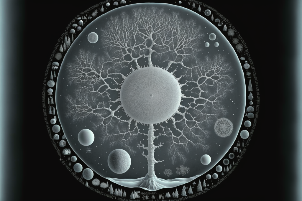A disc with abstract shapes of fir trees, decorations, planets, and whatnot around the edge. In the center a round shape with small spiked protrusions, perhaps the sun, sits atop what may be a tree trunk that projects upward from what may be the ground and some roots at the bottom of the image. Branches stick out of the perhaps-sun, and some stars and planets and a few more enigmatic shapes inhabit the spaces between the branches.