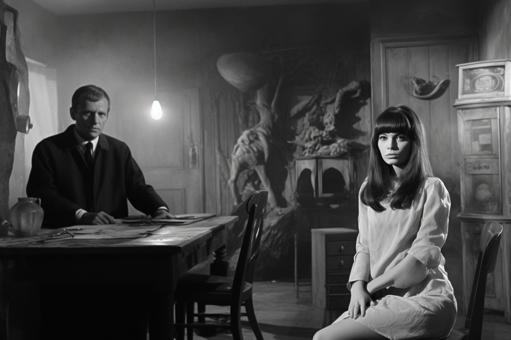 Black and white image. A man in jacket and tie sits behind a desk, and a dark-haired woman sits in a chair in from of the desk. Both are looking into the camera. Behind them on the far wall are some rather disturbing vague shapes, perhaps of statuary?
