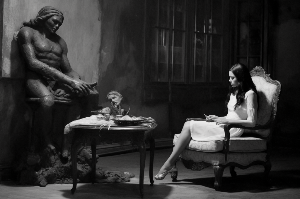 Black and white image. A dark-haired woman sits in an armchair at stage right. At stage left is a large sculpture of an oddly-proportioned and perhaps unclothed humanoid; the base of the sculpture seems to be uncarved stone or earth that spills out onto the floor. On a table at stage center is a small disembodied head, probably another sculpture.