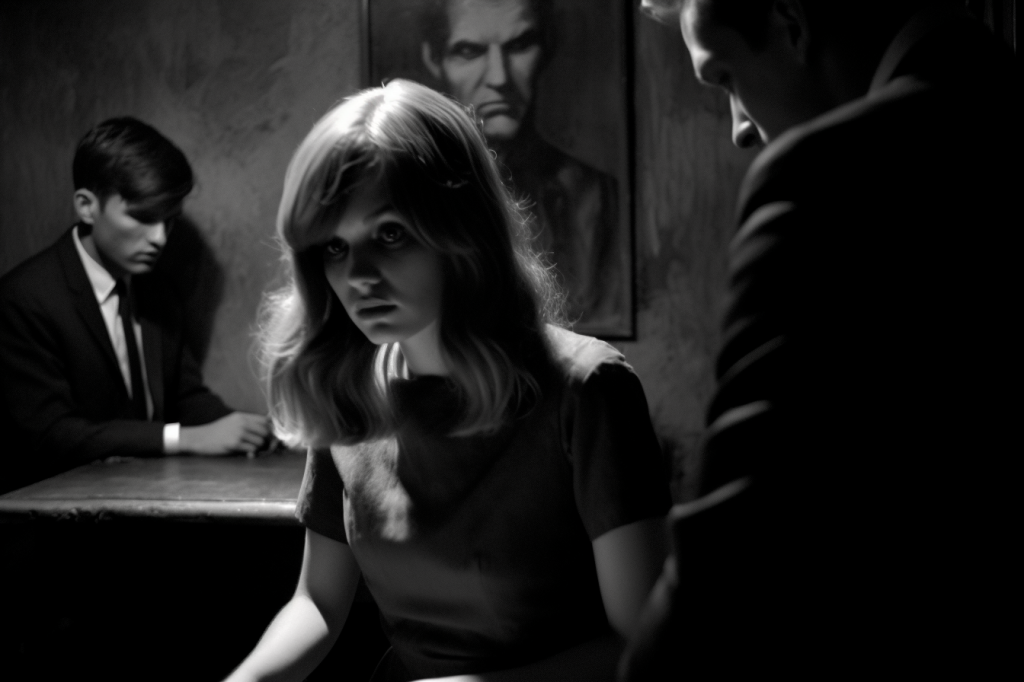 Black and white image. At stage left, background, a man in jacket and tie sits at a small table; on the wall above the table is a portrait of a rather sinisterly-scowling man. At stage center, foreground, a young woman with light hair looks downward and to our left, with a disturbed expression. At stage right, even more foreground, a man faces away from us and toward the woman; he is mostly in shadow.