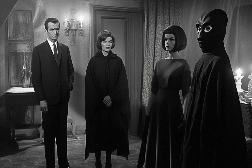 Black and white image,1960s home interior; a man and woman, stage left, appear somewhat concerned by the dark-haired woman, center-right, who stands beside and bears an eerie resemblance to a tall black figure with a black stony inhuman face, large white-rimmed eyes, and a flowing black cloak (or a sculpted version of one).
