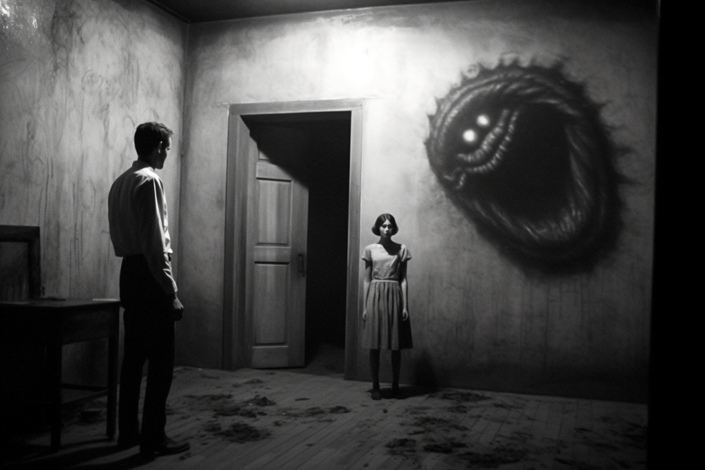 Black and white image. A room with dirty-looking walls and debris on the ground. A man, stage left, looks at a small woman or girl at stage center. Behind her on the wall is an eerie oblong shape with fur or spines and perhaps a hint of a face and glowing eyes. A door in the wall is ajar and beyond it is blackness.