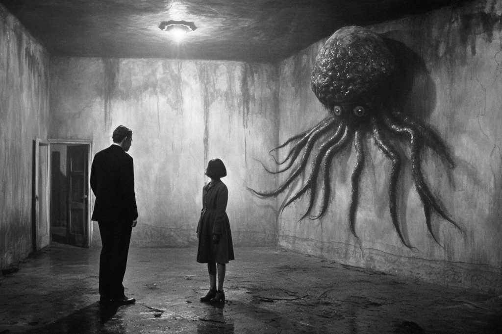 Black and white image. A room with dirty-looking walls and ceiling, and wetness and debris on the ground. A man, stage left, looks at a small woman or girl at stage center. At stage right high on the wall is an eerie bulbous shape with small bright eyes and several slimy tentacles. A door in the far wall is open.