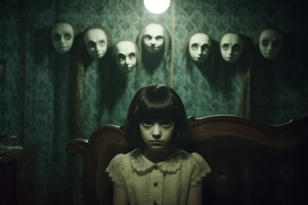 Dim muted colors. A young woman or child sits in a large brown chair, facing us with a dark expression from large dark eyes. On the green wall behind her are seven faces, or masks, or heads, some with long dangling hair.  A bright white light at top center casts dark stark shadows.