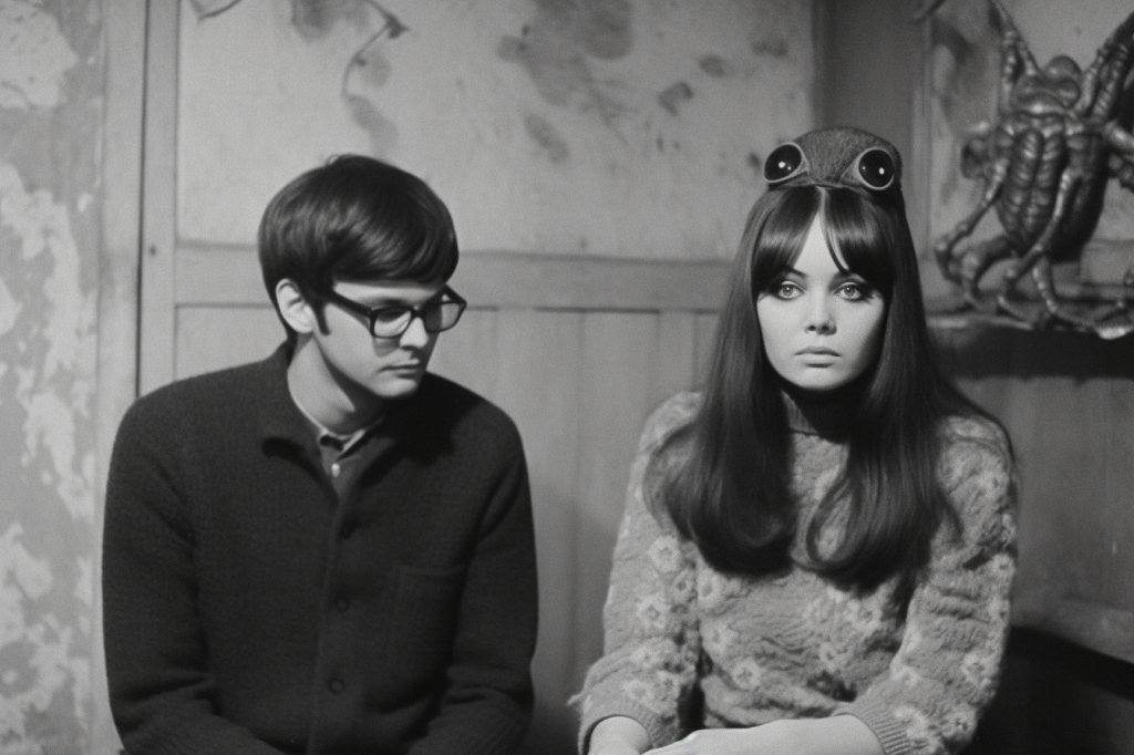 black and white image of two worried-looking young people in 1960's clothing sitting in a room; the woman is wearing a hat with perhaps googles or sunglasses on top of her head. In the background in a blurry figurine of something with tentacles.